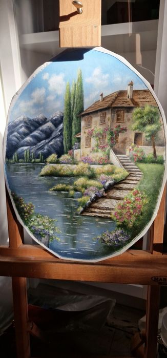 Tablou pictat cu rama de lemn sculptata