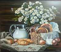 Картина маслом натюрморт хлеб с молоком