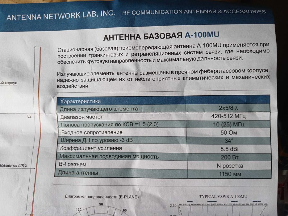 Антенна Anli A100 MU UHF 420-512 МГц  5,5 dBi