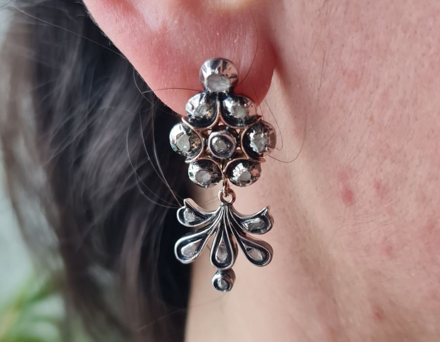 Cercei din aur roz 14k, argint, cioburi de diamante naturale