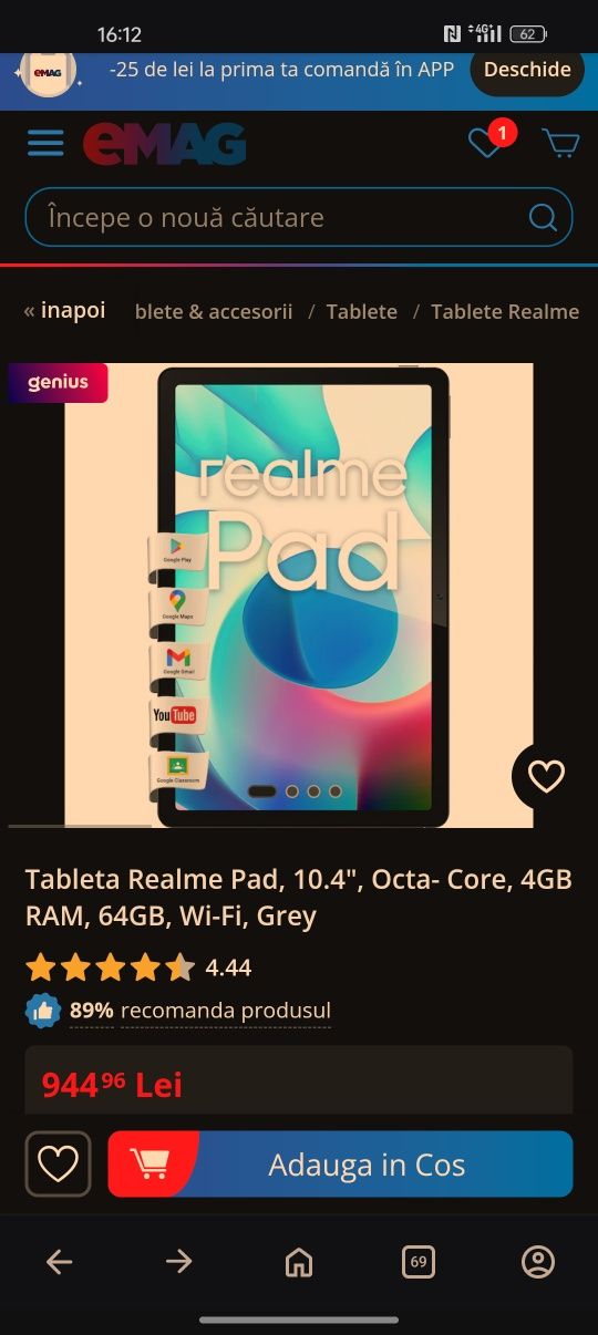 Tableta Realme Pad, 10.4", Octa- Core, 4GB RAM, 64GB