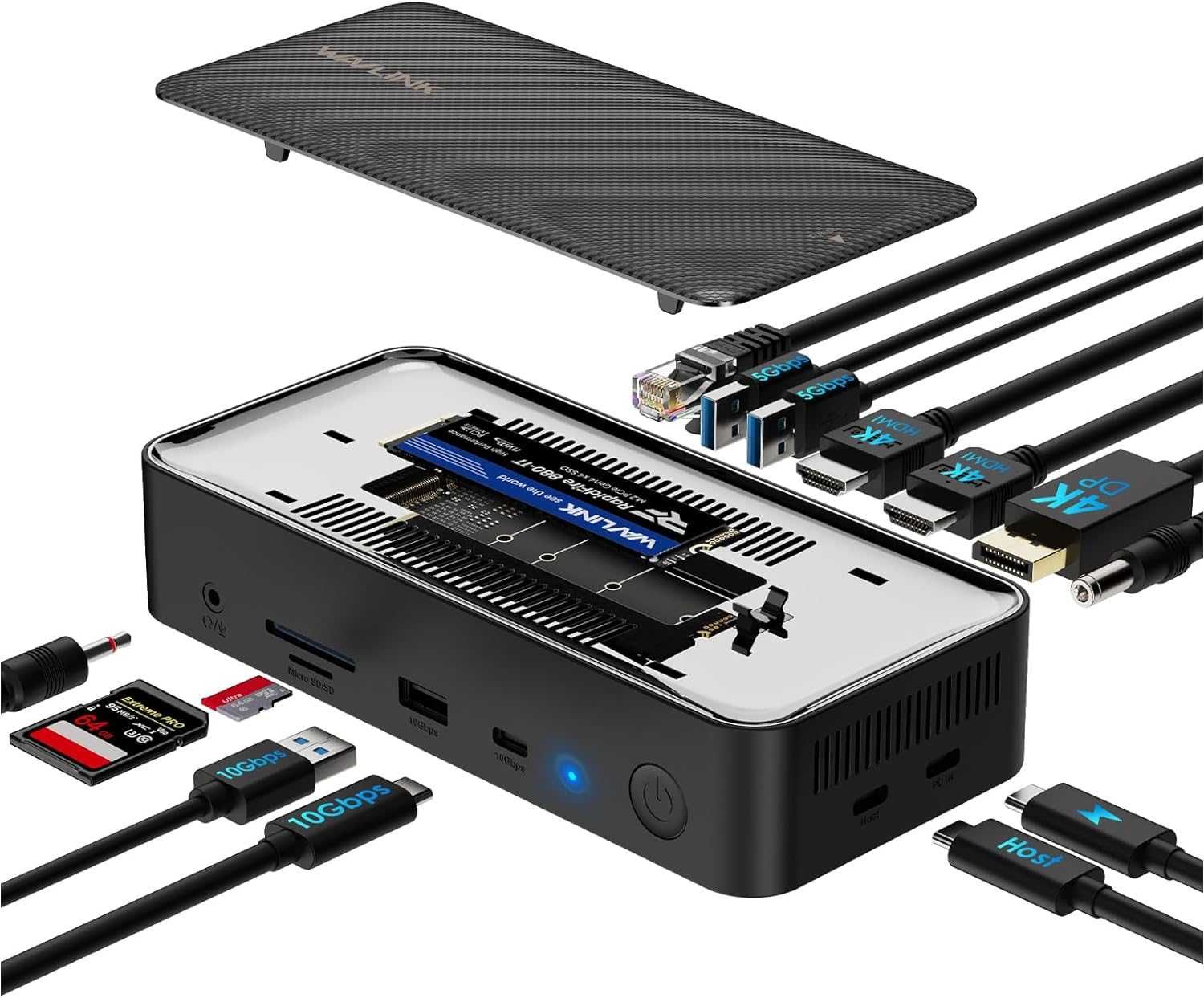 WAVLINK USB C докинг станция 3 монитора, 5Gbps M.2 PCIe/SATA SSD кутия