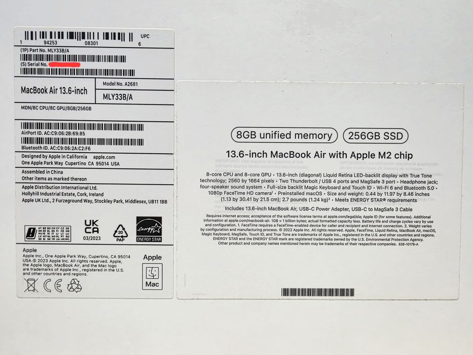 MacBook Air 13, M2, SSD 256GB, 8GB Ram, 10/10, Cutie, Cablu, Incărcăto