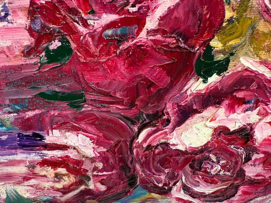 Spectaculoasa pictura mare-noua-Bujori rosii , inramat, pictor roman