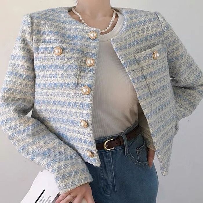 корейский шикарный женский твидовый базовый пиджак на пуговицах пальто