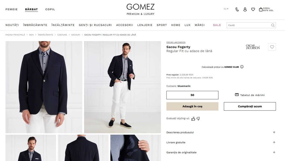 Sacou blazer slim 52 XL premium Oscar Jacobson lana respirabila moale