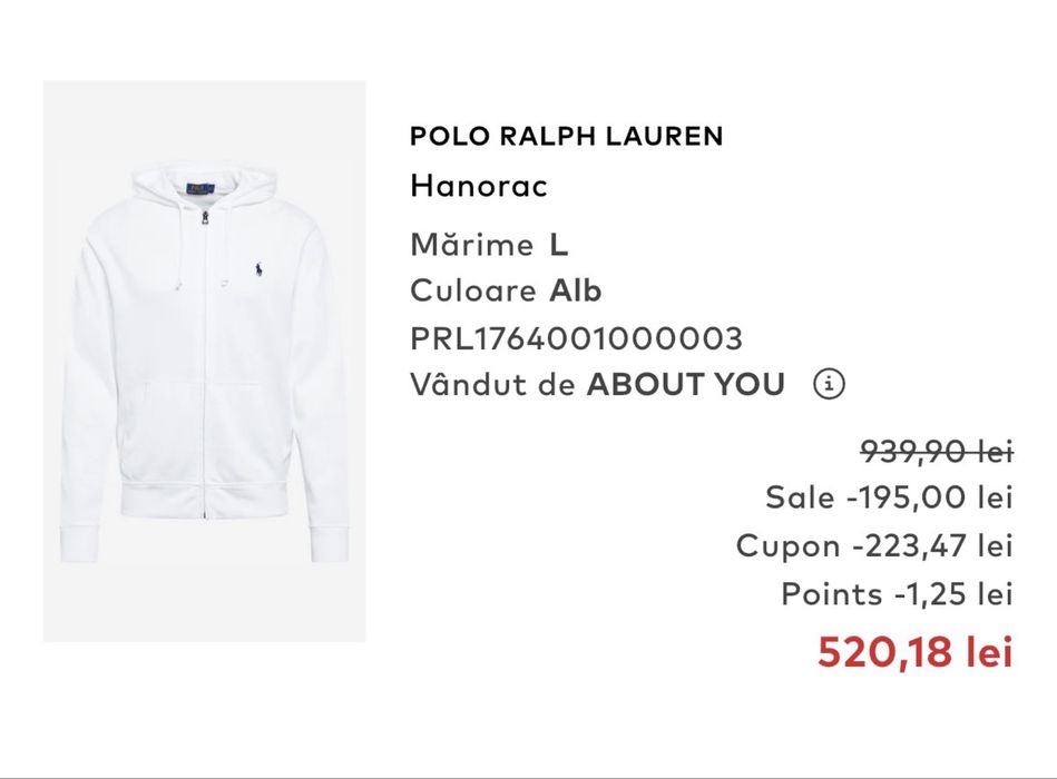 Hanorac Ralph Lauren – Alb, Mărimea L