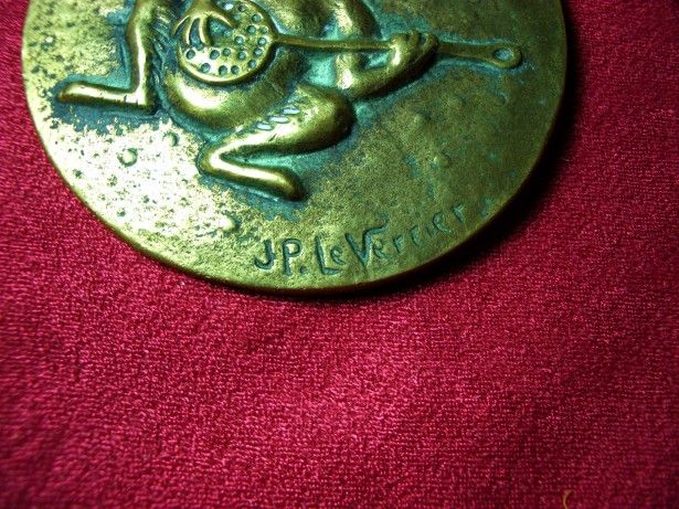Medalie Bronz Le Verrier Semnata, Patina Verdi Gris, Colectie, Vintage