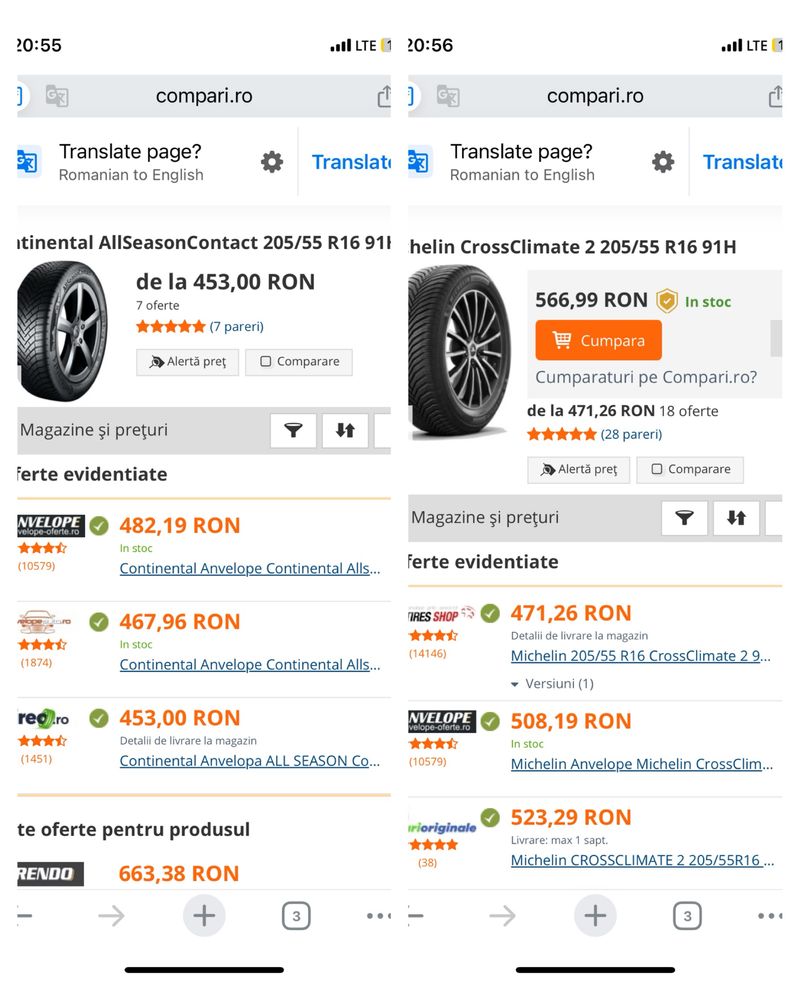 205/55R16 94V Continental & Michelin All season 7&6mm
