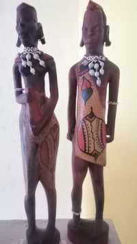 Statuete africane bărbat și femeie sculptat din lemn