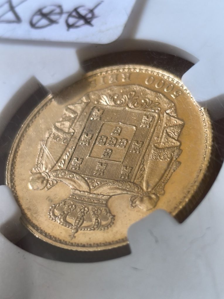 5 000 рейс1887 год, Португалия,Луиш I, злато 8.87 гр,917/1000 MS 62