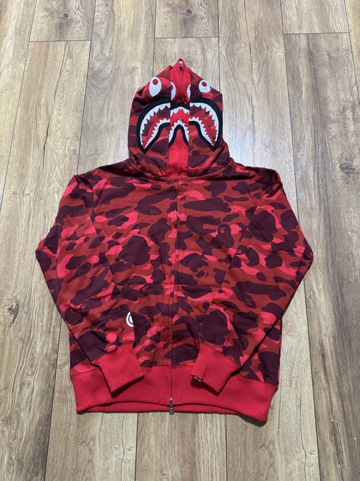 НОВО! Bape Camo Shark Wide Full Zip Double Hoodie Red суичер