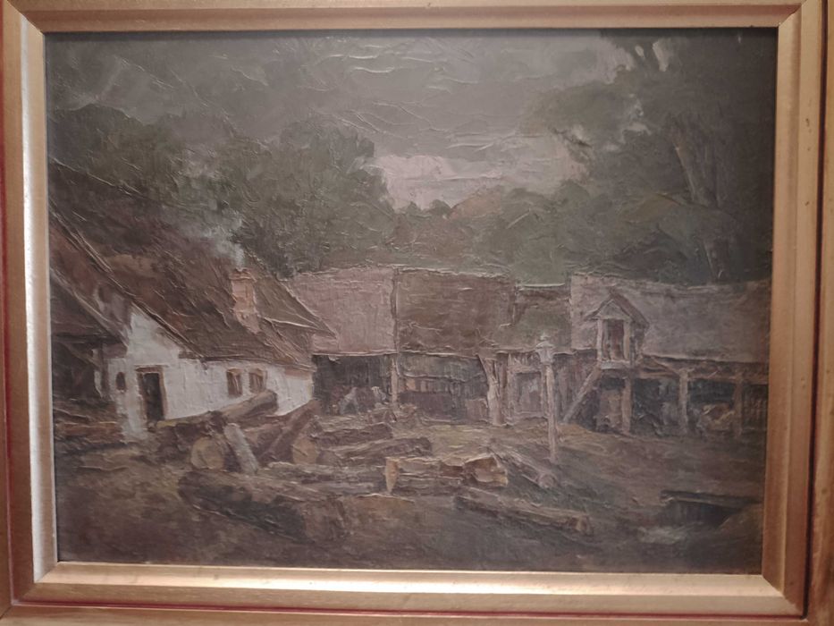 Pictura ulei pe carton - Peisaj rural - vechime peste 80 ani