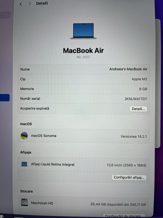 MacBook Air 13.6” M2 (2022) — Silver , 8GB / 256GB SSD, Baterie 100%