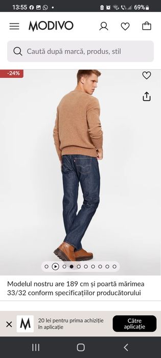 Blugi originali Levi's,albastru indigo, W 29/L 34,noi.Super pret