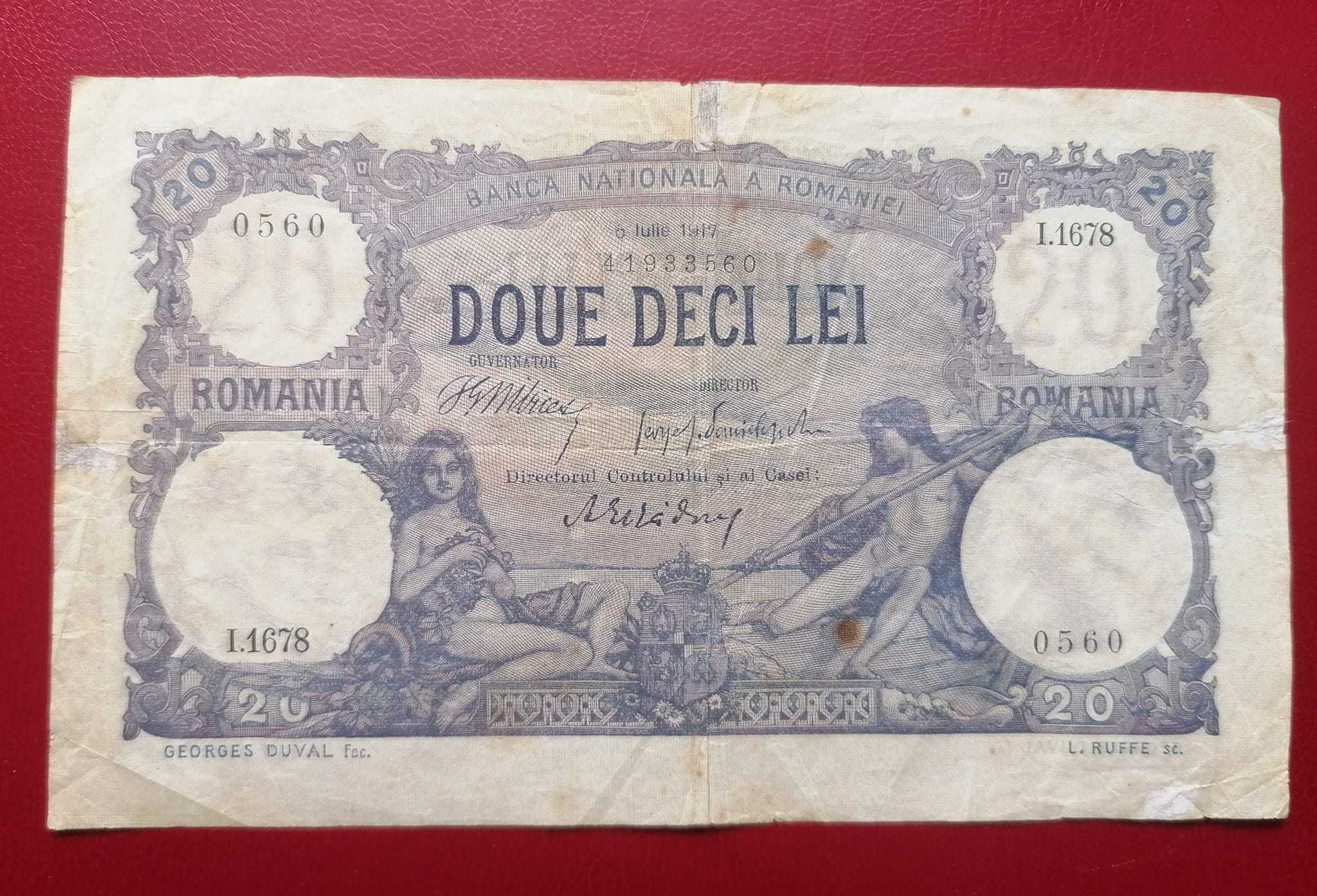 Doua bancnote 20 lei 6 iulie 1917
