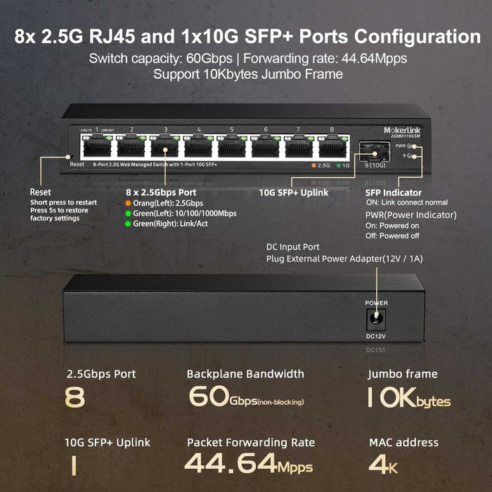 Switch ethernet gestionat MokerLink 8 port Gigabit 2.5,SFP+ 10G