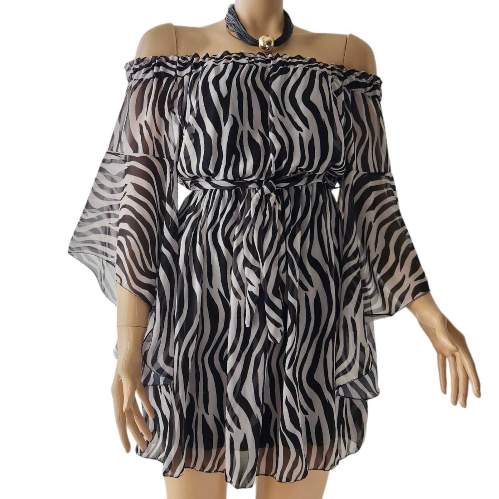 Rochie din voal cu imprimeu zebra, talie elastica, cordon,  marime M