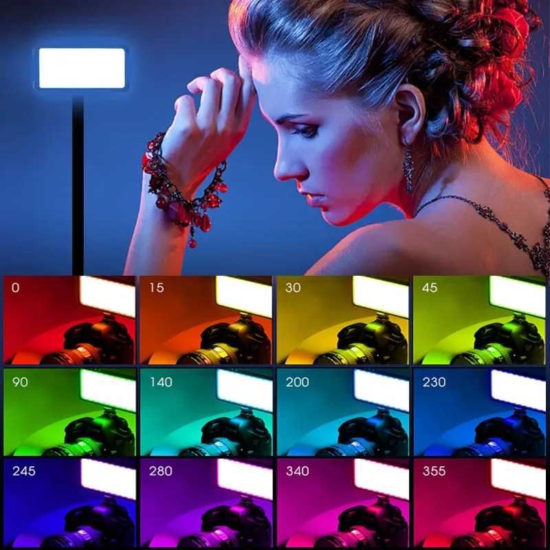 Портативный RGB видеосвет с креплениями и чехлом для переноски.