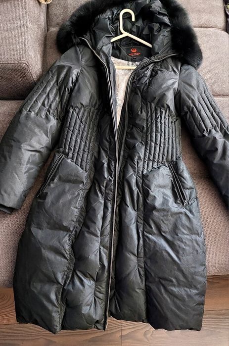 Дамско,дълго яке, с качулка, с естествен  косъм, XL