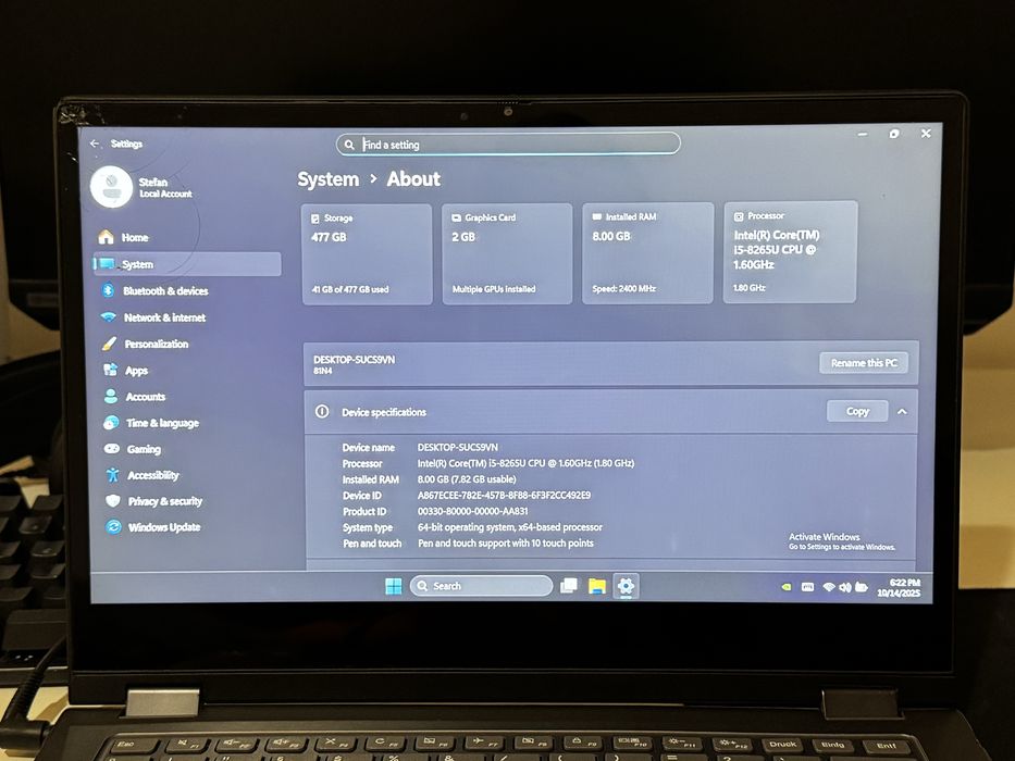 Laptop Lenovo 2 in 1 - i5 gen 8, 8GB Ram, M2 512GB, Touchscreen