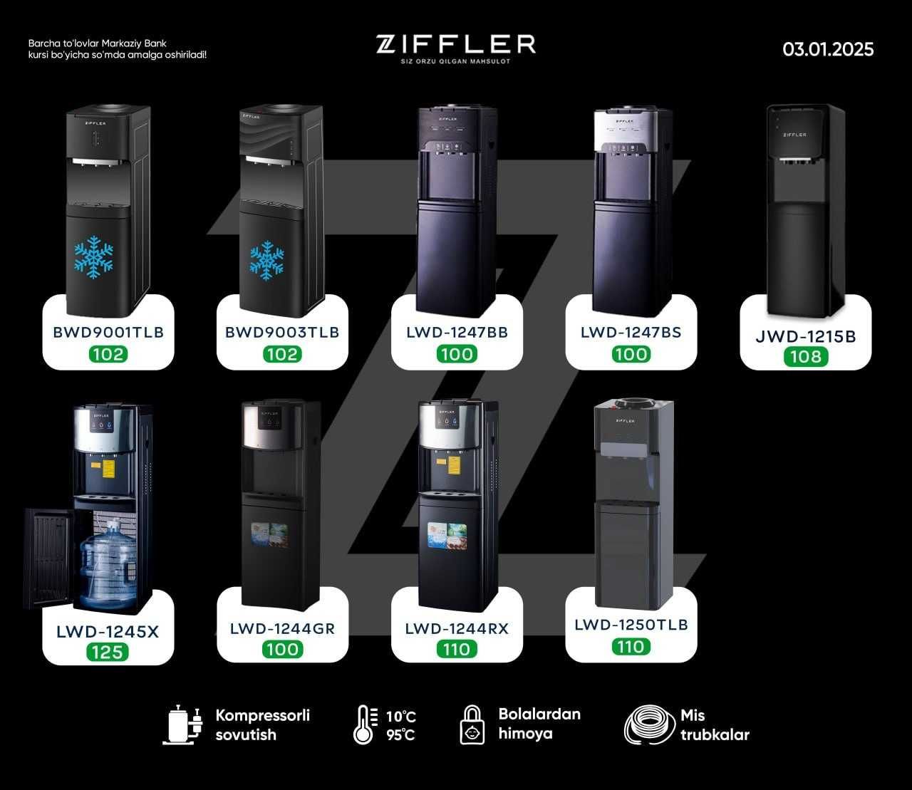 Куллер ZIFFLER Muzlatgich va FRION li kuller optom narxda va donaga