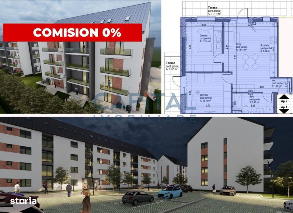 Apartament de vanzare, 3 camere, 2 terase, bloc nou, comision 0%