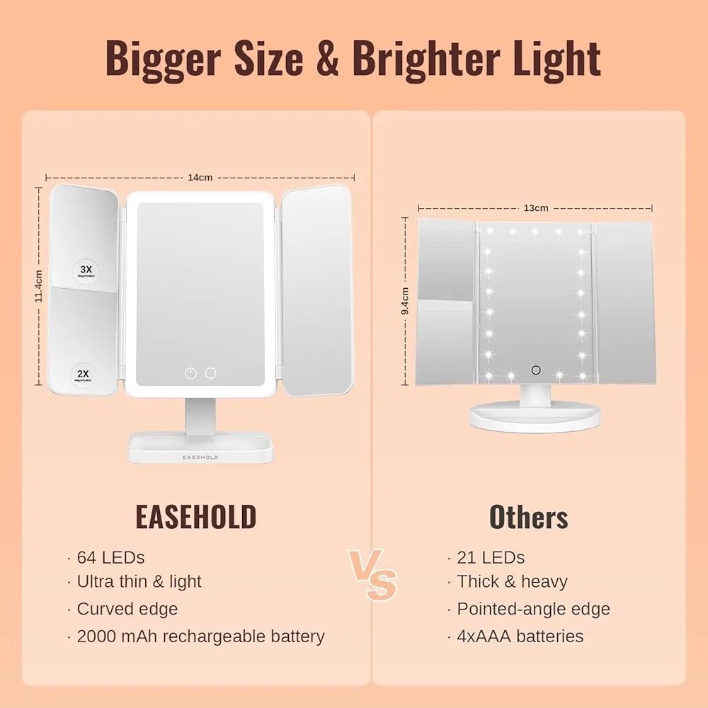 Огледало за грим със LED светлини, акумулаторно 2X,3X
