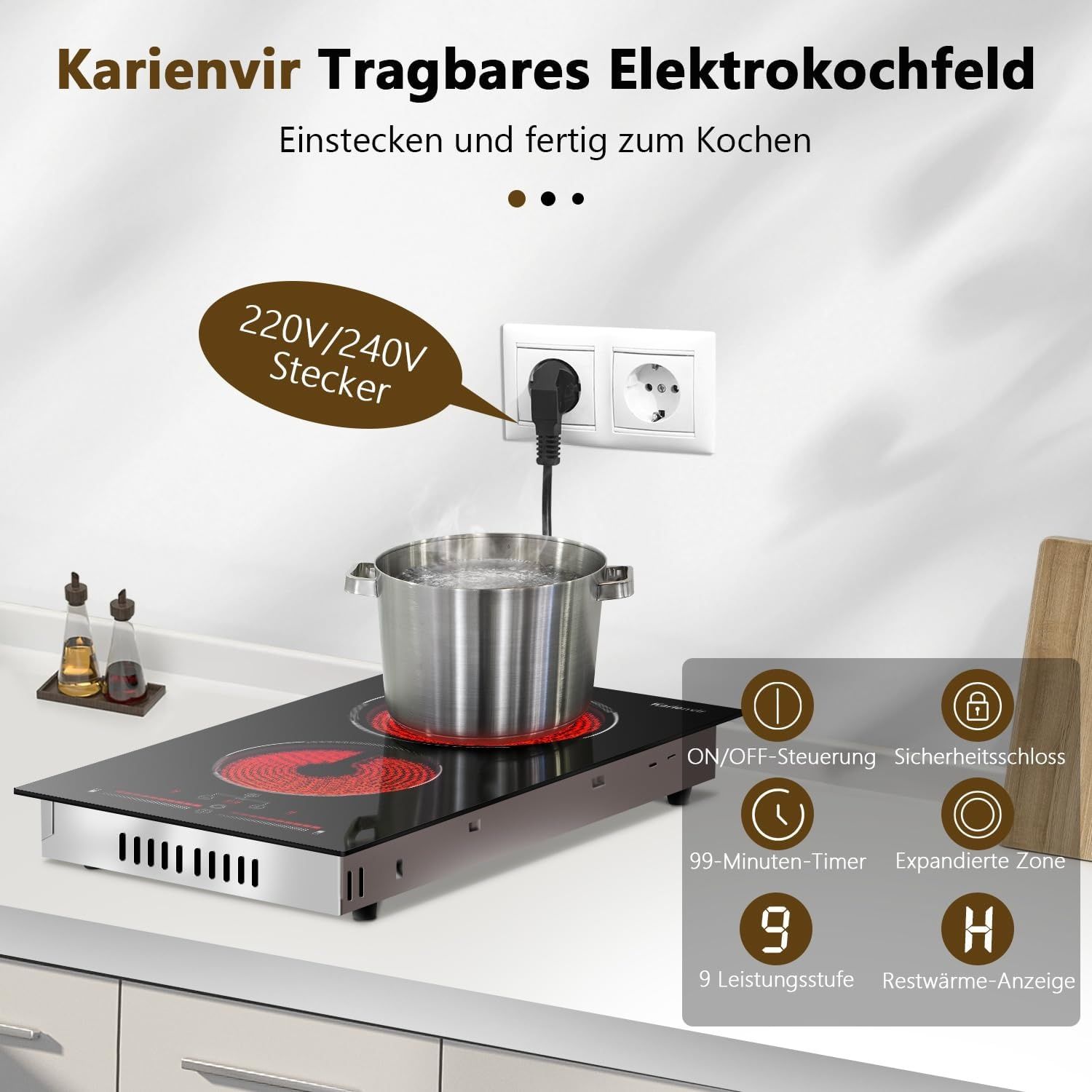 Стъклокерамични котлони за вграждане Karienvir с две зони 3200W таймер