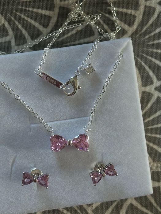 Set Pandora argint 925 funda roz inel colier cercei+cutie pink bow