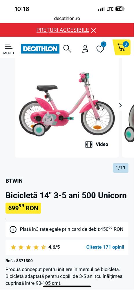 Bicicleta Unicorn 14 inch Rosa Decathlon