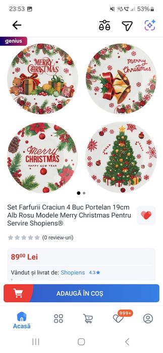 Set 4 farfurii portelan Craciun - in cutie cadou cu funda rosie