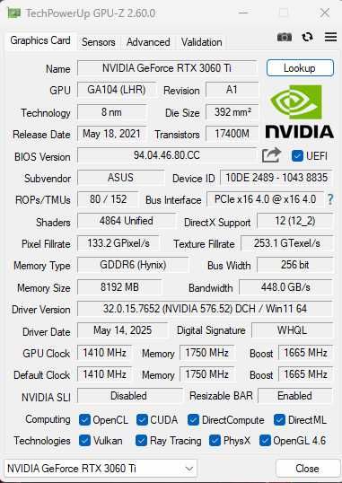 Asus RTX 3060Ti ROG Strix OC, 8GB GDDR6, 256-bit