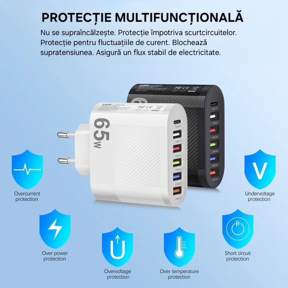 Priză 6port USB 65W: 5Usb+1UsbC. Protecție supraincalzire. Fast Charge