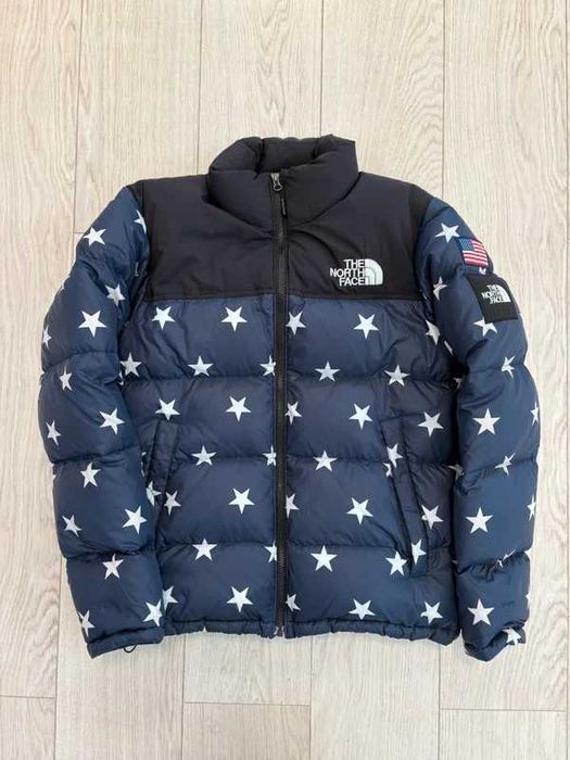 The North Face USA Stars Print 700 Down Puffer Nuptse Jacket Navy Blue