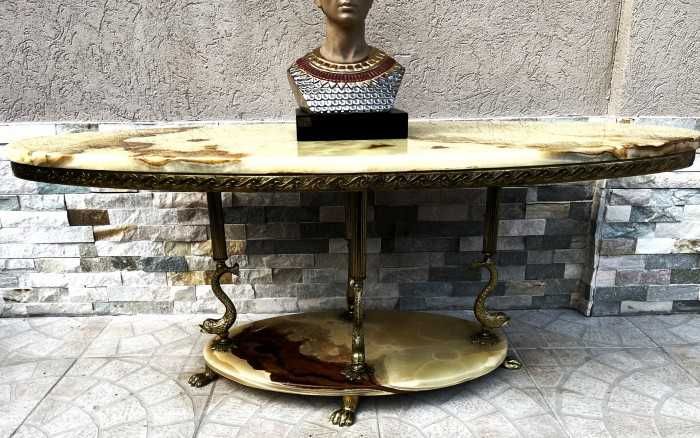 Eleganta masuta cafea-blaturi onix-coloane bronz forma de peste-Franta