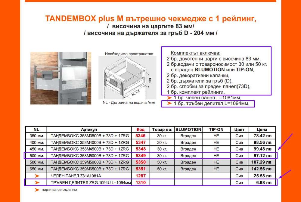 Комплект Blum TANDEMBOX plus М вътрешно чекмедже с 1 рейлинг