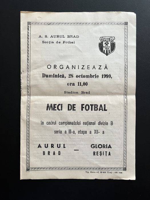 Program original meci Aurul Brad – Gloria Reșița (28 octombrie 1990)