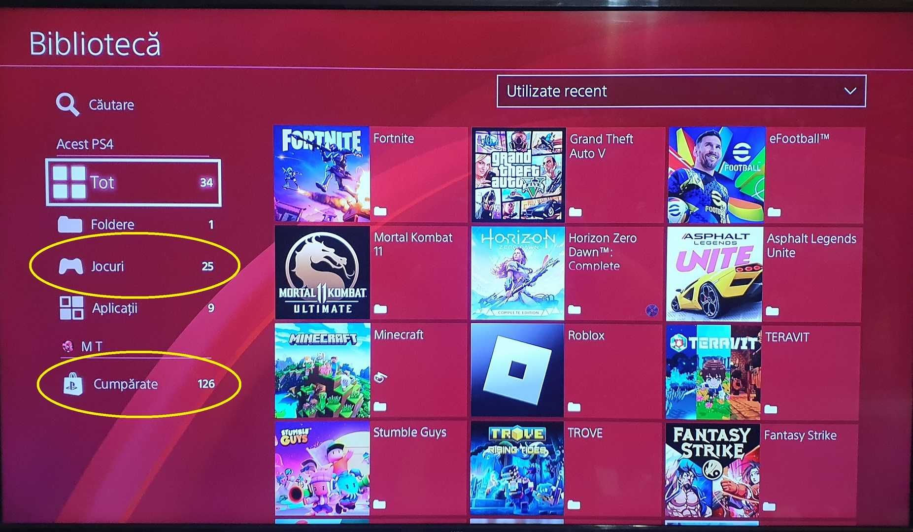 25 jocuri + PS4 SLIM cu GTA V, Fortnite, Mortal Kombat 11, 2 Manete
