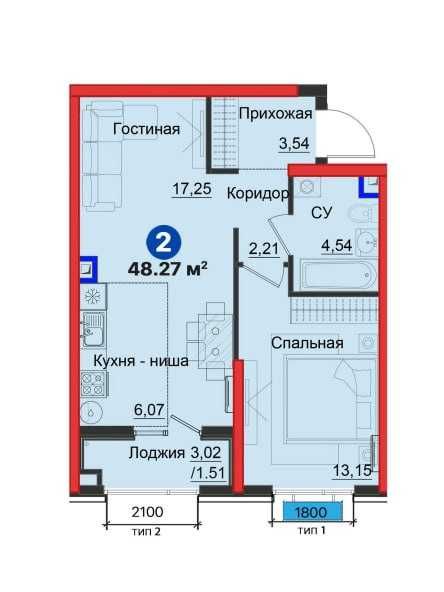 ЖК NRG Yangi Baxt Murad Buildings+BI Group 2/1/9 1-этаж, площадь 48 м2