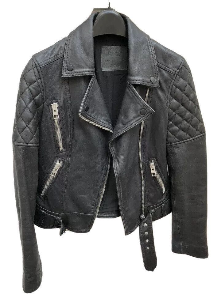 AllSaints Favel Ново Дамско Кожено яке Агнешка Кожа Черно Small UK 8