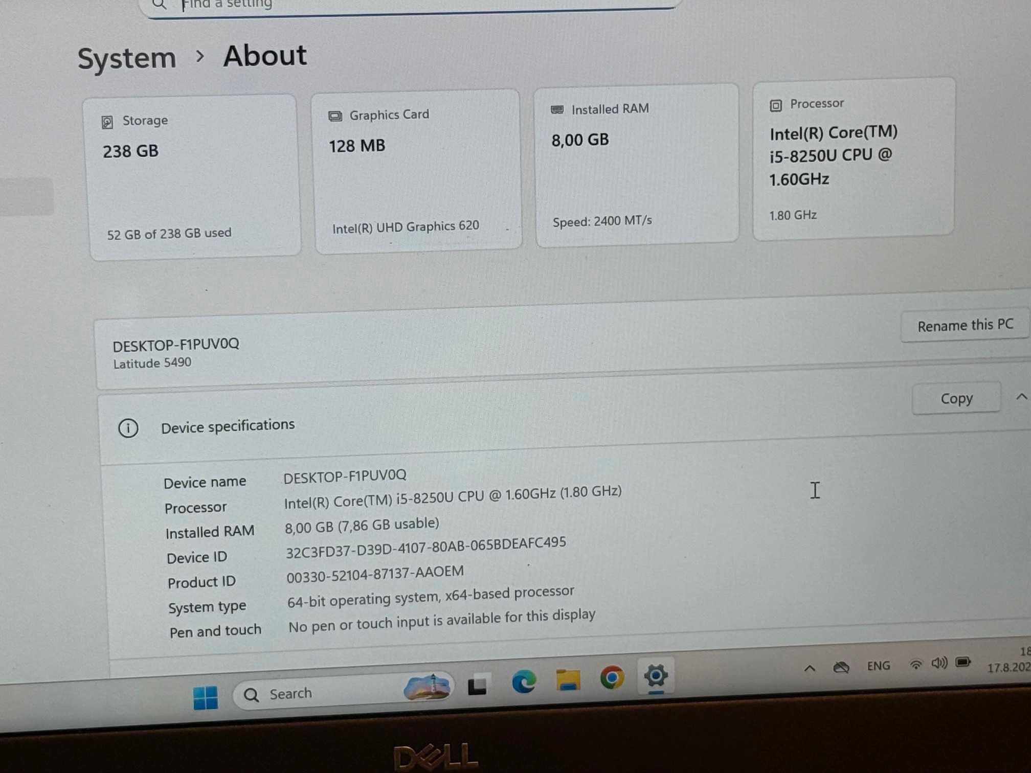 Dell Latitude 5490 I5 8th gen/8RAM/256 NVMe
