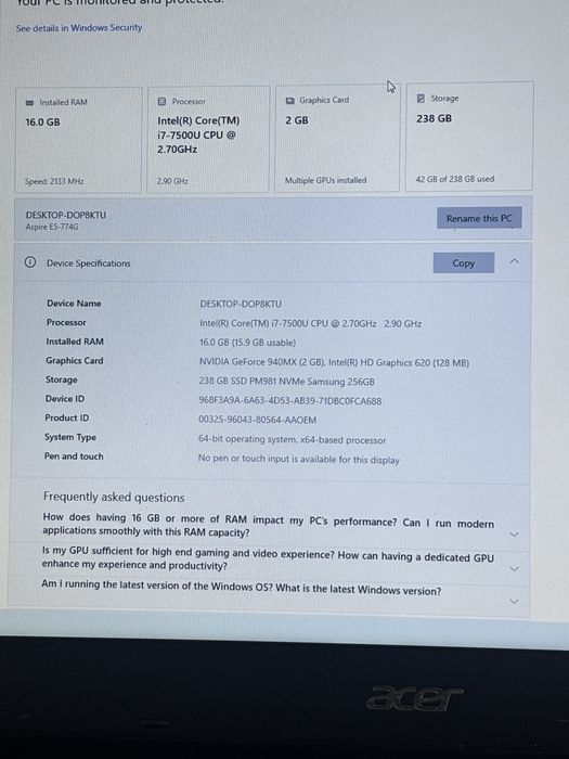 Acer Gaming 17,3” Full HD• i7-7th Gen• 16gb ram• 256 SSD• Nvidia 2gb