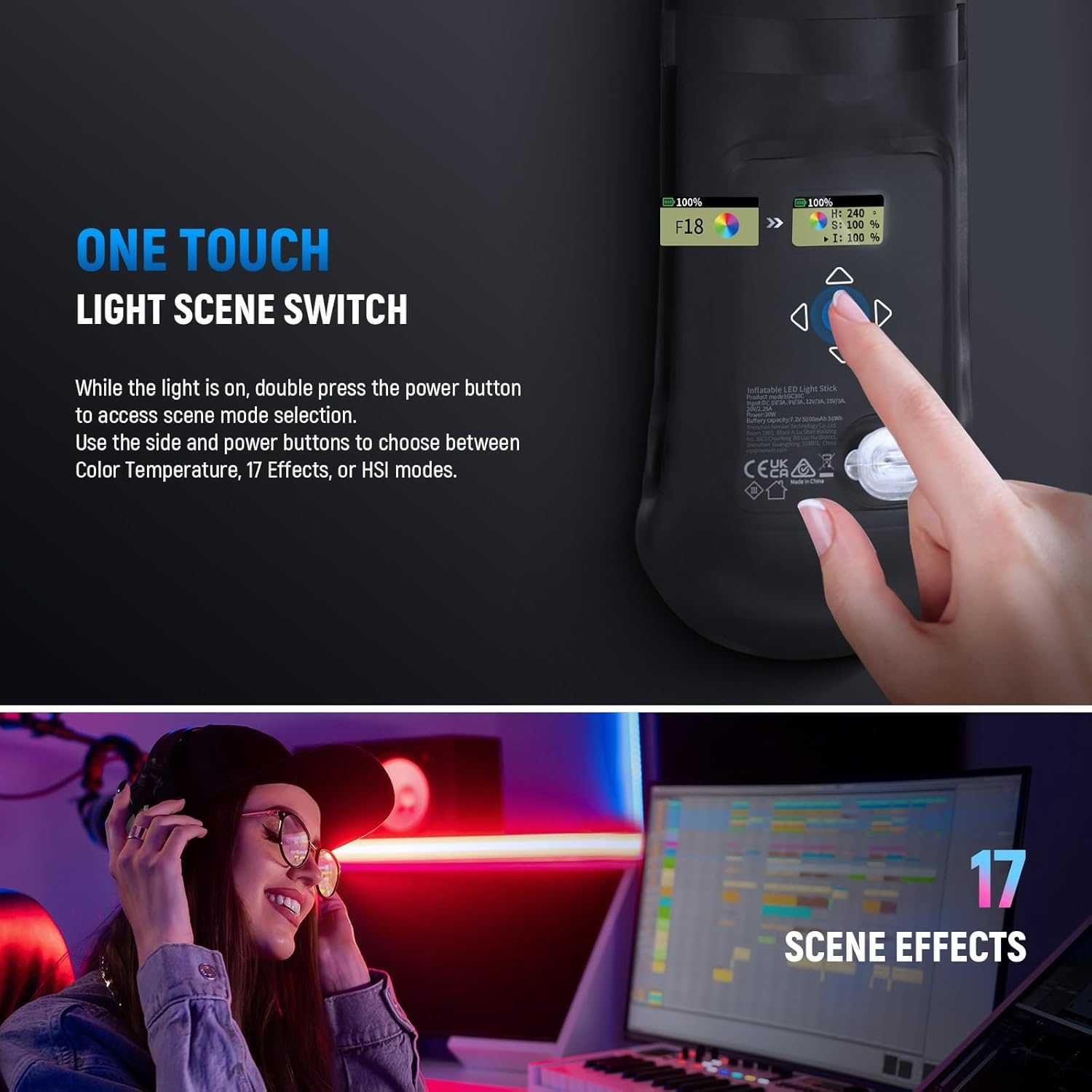 Neewer BASICS 30W Ръчна RGB филър лампа 90см, надуваема, 5000mAh-GC30C