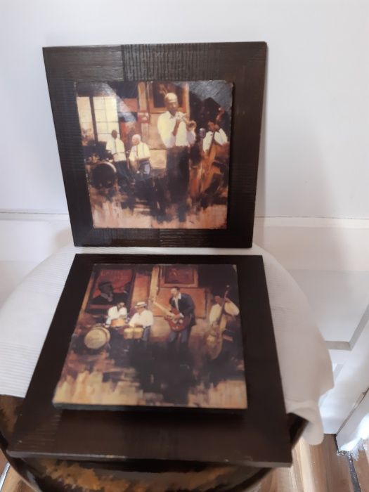 Set tablouri vechi cu litografii pe lemn, cu tema ,, latin jazz,,