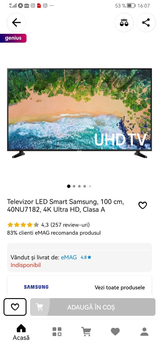 TV smart 4k Samsung 40NU7182 cu defect