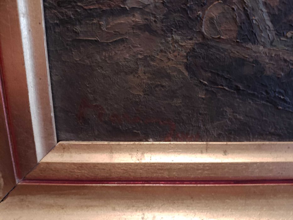 Pictura ulei pe carton - Peisaj rural - vechime peste 80 ani