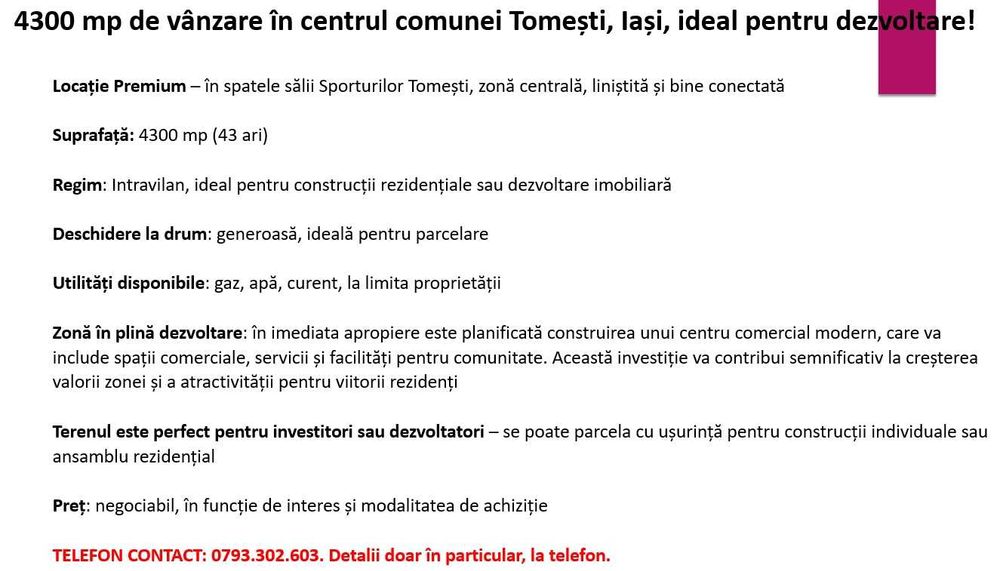 TEREN de vânzare în centrul comunei Tomești, Iași - 4300 mp