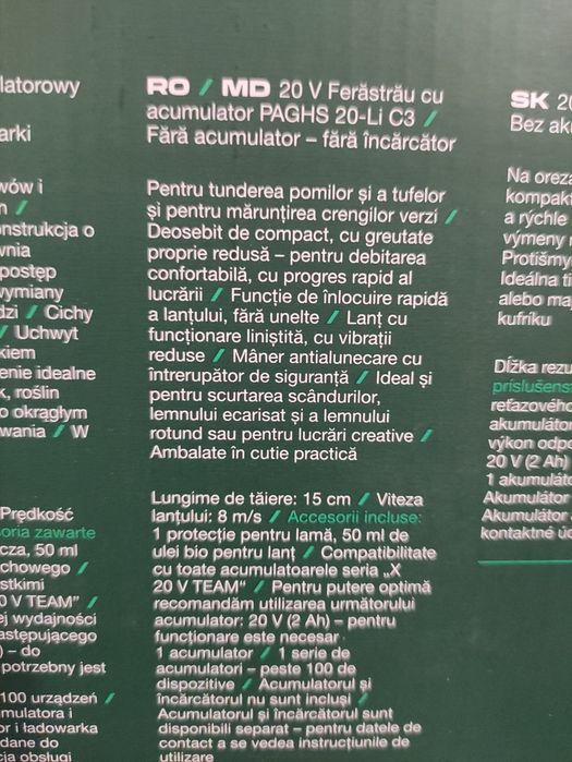 Mini drujba ferastrau pe acumulator de 20 V Parkside