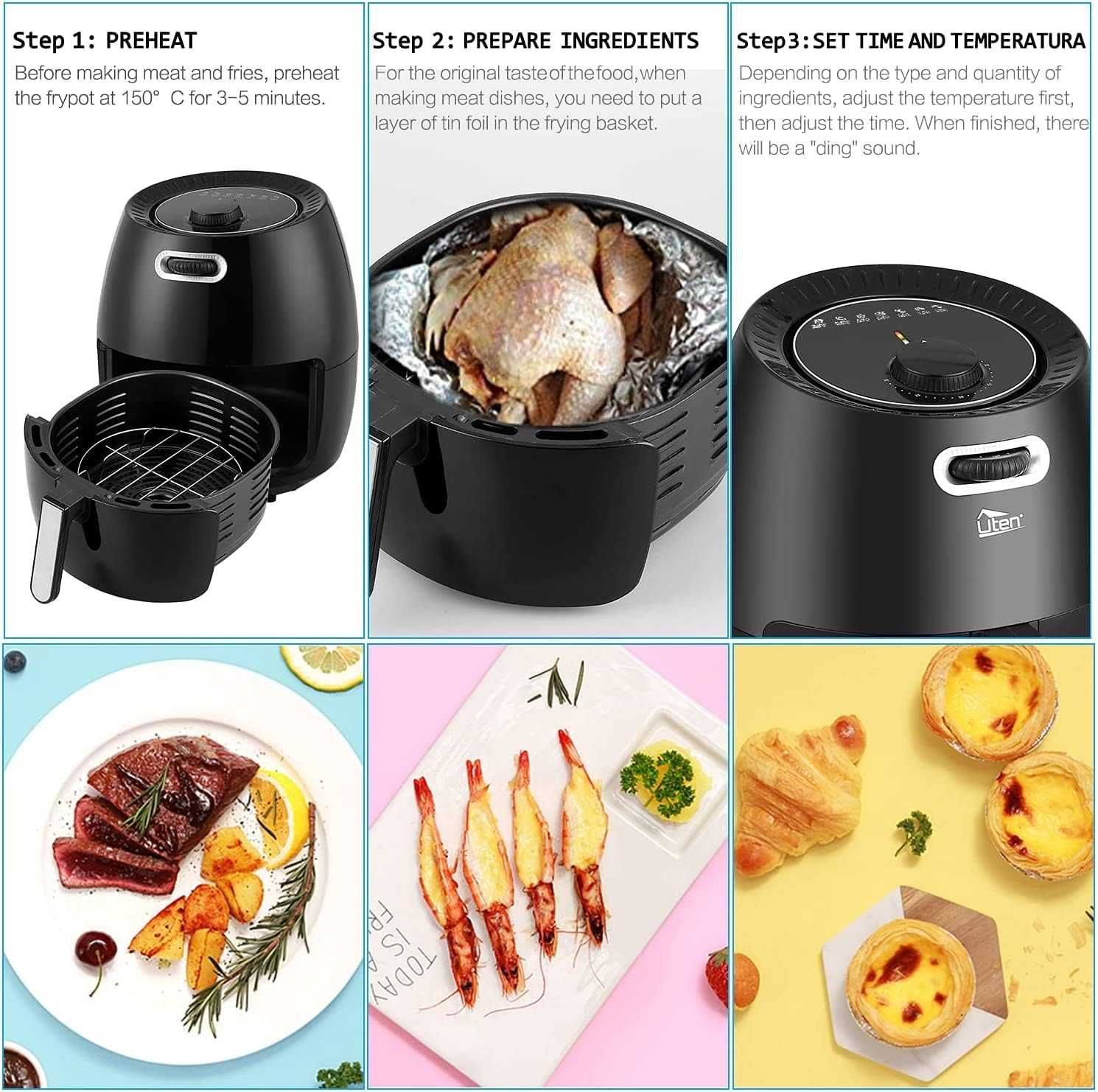 Фритюрник с горещ въздух Uten Air Fryer, 6.5L, 1800W, Class A+++